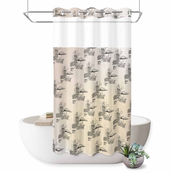 No Hook Shower Curtain, Coffee Kiosk Shower Curtains for Bathroom with See Through Top Window, Retro Leisure Coffee Time Farmhouse Beige Waterproof & Washable Bath Curtain Stand Up Stall 36"x72"