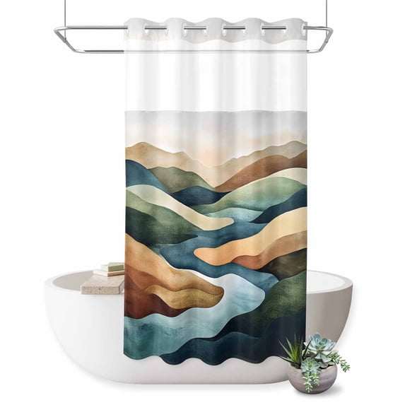 No Hook Shower Curtain, Colorful Abstract Art Shower Curtains for Bathroom with See Through Top Window, Mountain Modern Watercolor Waterproof & Washable Bath Curtain Narrow 54"x78"