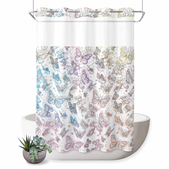No Hook Shower Curtain, Colorful Butterflies Shower Curtains for Bathroom with See Through Top Window, Spring Modern Abstract Gradient Animals Waterproof & Washable Bath Curtain 60"x72"