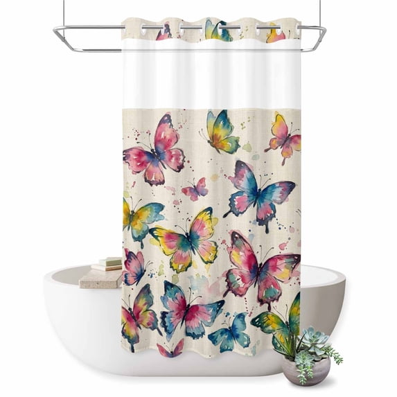 No Hook Shower Curtain, Colorful Butterfly Shower Curtains for Bathroom with See Through Top Window, Elegant Pastoral Butterflies Rustic Watercolor Waterproof Bath Curtain Stand Up Stall 36"x72"