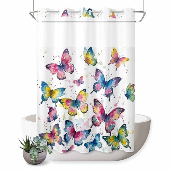 No Hook Shower Curtain, Colorful Butterfly Shower Curtains for Bathroom with See Through Top Window, Elegant Pastoral Butterflies Watercolor Waterproof & Washable Bath Curtain Extra Long 72"x96"
