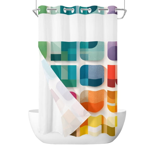 No Hook Shower Curtain, Colorful Geometric Small Shower Curtains with Snap in Liner, Abstract Modern Artistic Collage Waterproof Washable Fabric Bathroom Curtain Set, 36" x 72"