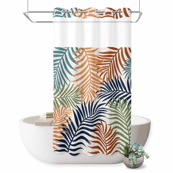 No Hook Shower Curtain, Colorful Palm Leaves Shower Curtains for Bathroom with See Through Top Window, Summer Botanical Tropical Leaf Waterproof & Washable Bath Curtain Small Stall 36"x78"