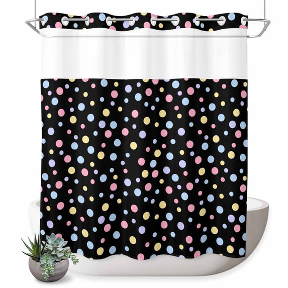 No Hook Shower Curtain, Colorful Polka Dot Shower Curtains for Bathroom with See Through Top Window, Modern Minimalist Geometric Black Waterproof & Washable Bath Curtain Long 72"x78"