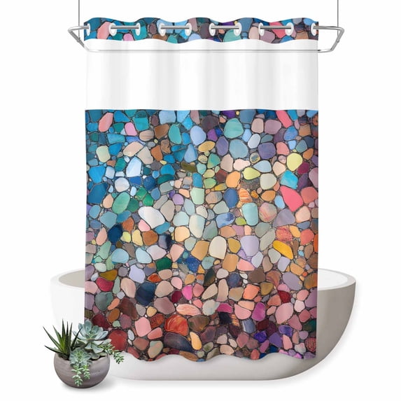 No Hook Shower Curtain, Colorful Stone Shower Curtains for Bathroom with See Through Top Window, Rainbow Abstract Oil Painting Brushwork Waterproof & Washable Bath Curtain 60"x72"