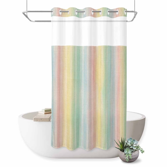 No Hook Shower Curtain, Colorful Striped Shower Curtains for Bathroom with See Through Top Window, Farmhouse Vertical Striped Burlap Rustic Waterproof & Washable Bath Curtain Stand Up Stall 36"x72"