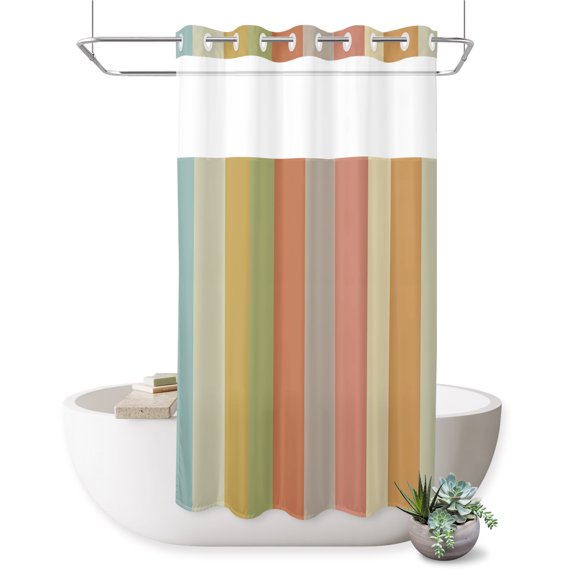 No Hook Shower Curtain, Colorful Striped Shower Curtains for Bathroom with See Through Top Window, Vintage Farmhouse Vertical Stripes Waterproof & Washable Bath Curtain Stand Up Stall 36"x72"