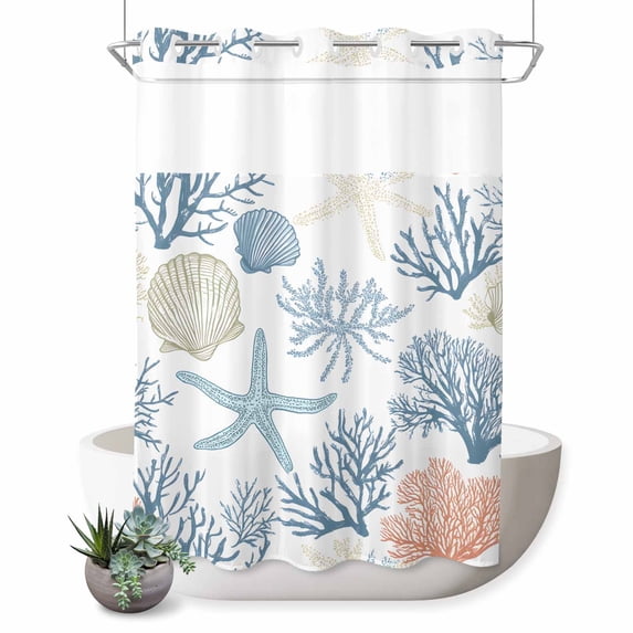 No Hook Shower Curtain, Coral Coastal Shower Curtains for Bathroom with See Through Top Window, Summer Beach Starfish Nautical Shell Waterproof & Washable Bath Curtain Extra Long 72"x96"
