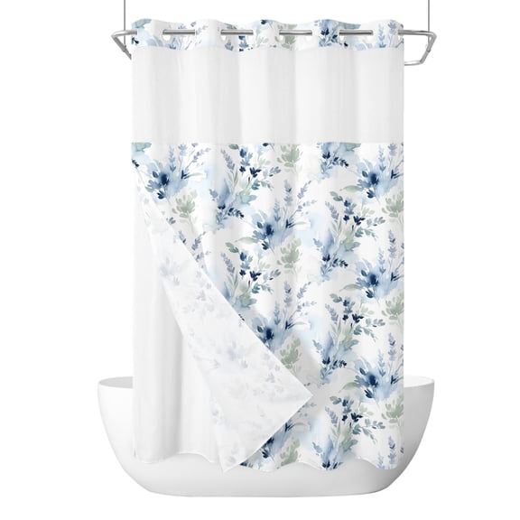 No Hook Shower Curtain, Country Floral Small Shower Curtains with Snap in Liner, Spring Watercolor Botanical Flowers Blue Green Waterproof Washable Fabric Bathroom Curtain Set, 36" x 72"