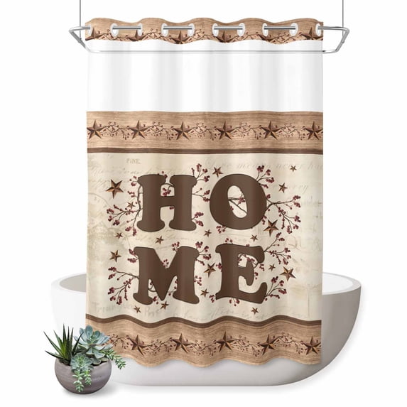 No Hook Shower Curtain, Country Shower Curtains for Bathroom with See Through Top Window, Texas Star Plants Branches Berry Farmhouse Retro Waterproof & Washable Bath Curtain 60"x72"