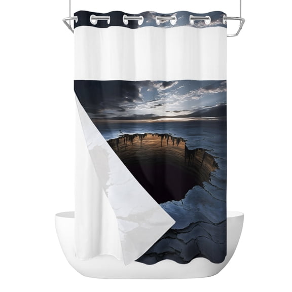 No Hook Shower Curtain, Cracked Small Shower Curtains with Snap in Liner, Dramatic Surreal Hole Sunset Horizon Waterproof Washable Fabric Bathroom Curtain Set, 36" x 78"