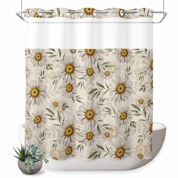 No Hook Shower Curtain Daisy Flower Shower Curtain for Bathroom Green Leaves Linen Bath Curtains Waterproof Fabric with See Through Top Window for Spa Hotel 72x72 Inch