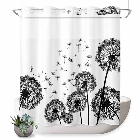 No Hook Shower Curtain, Dandelion Shower Curtains for Bathroom with See Through Top Window, Black White Modern Country Rustic Plants Waterproof & Washable Bath Curtain Standard 72"x72"