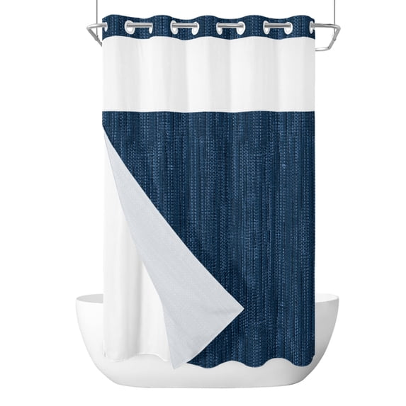 No Hook Shower Curtain, Dark Blue Small Shower Curtains with Snap in Liner, Modern Minimalist Solid Color Waterproof Washable Fabric Bathroom Curtain Set, 36" x 78"