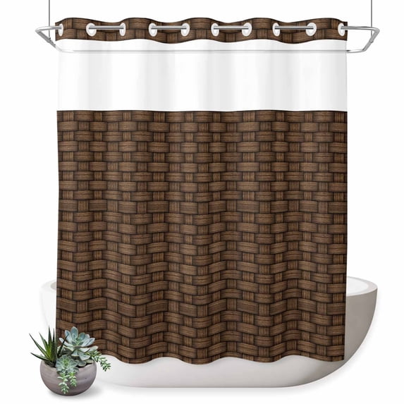 No Hook Shower Curtain, Dark Brown Rattan Shower Curtains for Bathroom with See Through Top Window, Vintage Abstract Wicker Texture Waterproof & Washable Bath Curtain 66"x72"