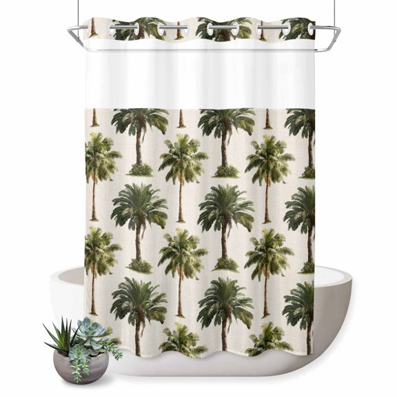 No Hook Shower Curtain, Date Palm Trees Shower Curtains for Bathroom with See Through Top Window, Retro Summer Tropical Trees Plants Beige Waterproof & Washable Bath Curtain 60"x72"