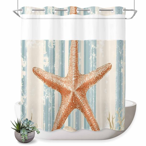 No Hook Shower Curtain Decorative Coastal Starfish Waterproof Bathtub Bath Curtains Ocean Watercolor Coral Stripe Extra Long Shower Curtain Bathroom Decor with See Through Top Window 72x78 Inch