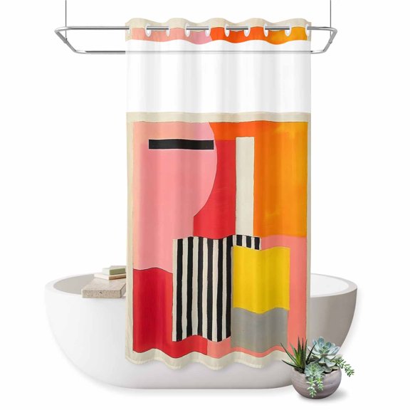 No Hook Shower Curtain Decorative Pink Red Orange Waterproof Fabric Shower Curtain Set Modern Abstract Oil Painted Geometric Bath Curtains Bathroom Decor with See Through Mesh Top Window 54x78 Inch