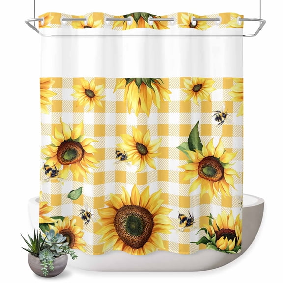No Hook Shower Curtain Decorative Yellow Sunflower Bathtub Bath Curtains Vintage Country Bee Plaid Ginger Check Extra Long Shower Curtain Bathroom Decor with See Through Top Window 72x78 Inch