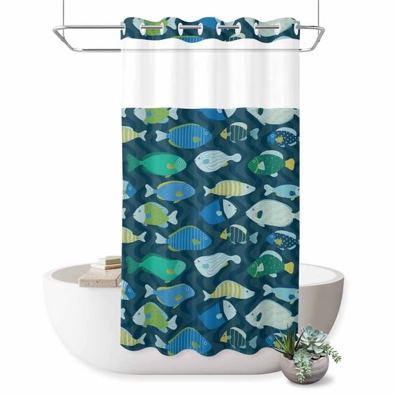 No Hook Shower Curtain, Deep Green Fishes Shower Curtains for Bathroom with See Through Top Window, Cartoon Coastal Ocean Fish Striped Waterproof & Washable Bath Curtain Stand Up Stall 36"x72"