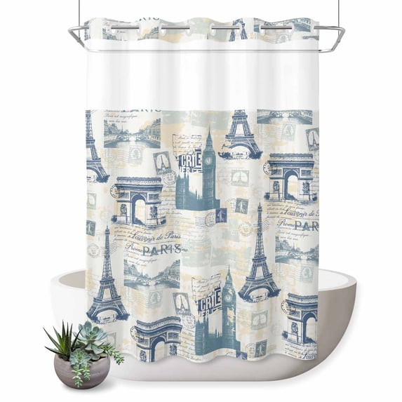 No Hook Shower Curtain, Eiffel Tower Shower Curtains for Bathroom with See Through Top Window, European Architectural Retro Hand-Painted Waterproof & Washable Bath Curtain Stall 48"x72"