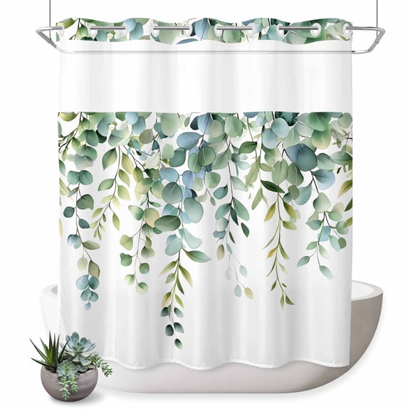 No Hook Shower Curtain Eucalyptus Leaves Shower Curtain for Bathroom Green Leaf Plant Bath Curtains Waterproof Fabric with See Through Top Window for Spa Hotel 72x72 Inch