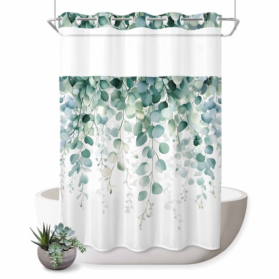 No Hook Shower Curtain, Eucalyptus Leaves Shower Curtains for Bathroom with See Through Top Window, Green Botanical Summer Spring Leaves Waterproof & Washable Bath Curtain Stall 48"x72"