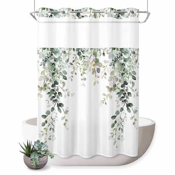 No Hook Shower Curtain, Eucalyptus Leaves Shower Curtains for Bathroom with See Through Top Window, Spring Sage Green Summer Botanical Waterproof & Washable Bath Curtain 60"x72"