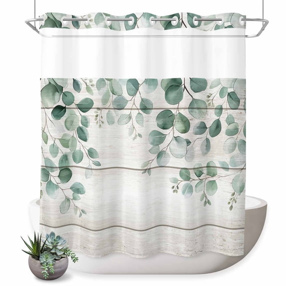 No Hook Shower Curtain, Eucalyptus Leaves Shower Curtains for Bathroom with See Through Top Window, Spring Summer Botanical Watercolor Waterproof & Washable Bath Curtain 66"x72"