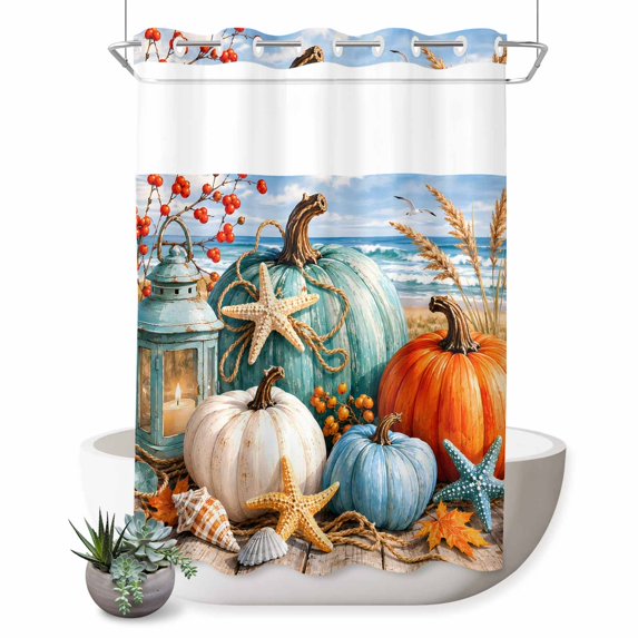 No Hook Shower Curtain, Fall Coastal Pumpkins Shower Curtains for Bathroom with See Through Top Window, Autumn Ocean Nautical Sea Waves Waterproof & Washable Bath Curtain Extra Long 72"x96"