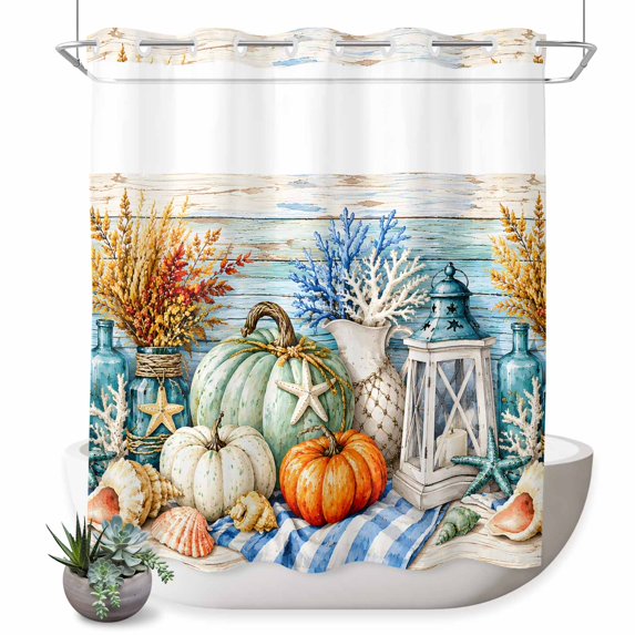 No Hook Shower Curtain, Fall Coastal Pumpkins Shower Curtains for Bathroom with See Through Top Window, Ocean Nautical Coral Wood Grain Waterproof & Washable Bath Curtain Long 72"x78"