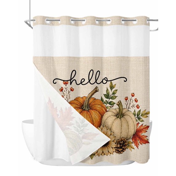 No Hook Shower Curtain, Fall Pumpkin Long Bathtub Curtains with Snap in Liner, Thanksgiving Botanical Autumn Maple Leaf Waterproof Washable Fabric Bathroom Curtain Set, 72" x 78"