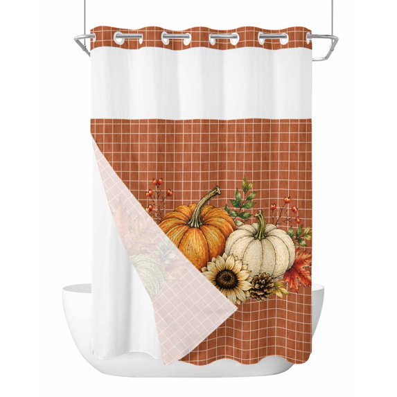 No Hook Shower Curtain, Fall Pumpkins Extra Long Bathtub Curtains with Snap in Liner, Thanksgiving Floral Botanical Orange Plaid Waterproof Washable Fabric Shower Curtain Set, 72" x 96"