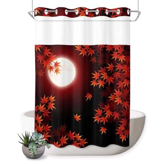 No Hook Shower Curtain, Fall Red Maple Lveas Shower Curtains for Bathroom with See Through Top Window, Rustic Autumn Moonlight Botanical Waterproof & Washable Bath Curtain Stall 48"x72"