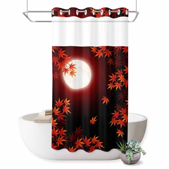No Hook Shower Curtain, Fall Red Maple Lveas Shower Curtains for Bathroom with See Through Top Window, Rustic Autumn Moonlight Botanical Waterproof & Washable Bath Curtain Stand Up Stall 36"x72"