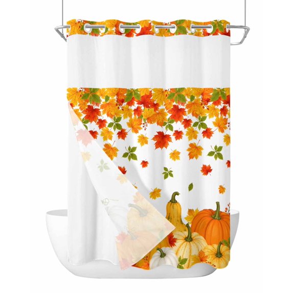 No Hook Shower Curtain, Fall Red Orange Pumpkins Stall Bathroom Curtains with Snap in Liner, Thanksgiving Autumn Maple Leaves Waterproof Washable Fabric Shower Curtain Set, 48" x 72"