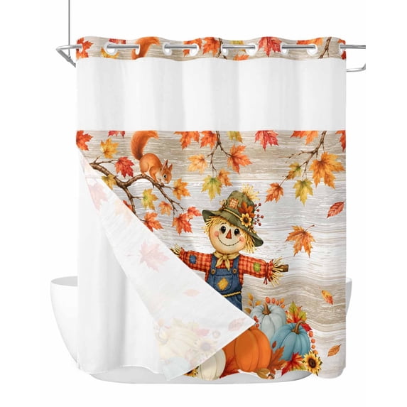 No Hook Shower Curtain, Fall Scarecrows Long Bathtub Curtains with Snap in Liner, Thanksgiving Autumn Pumpkins Leaves Brown Waterproof Washable Fabric Bathroom Curtain Set, 72" x 78"
