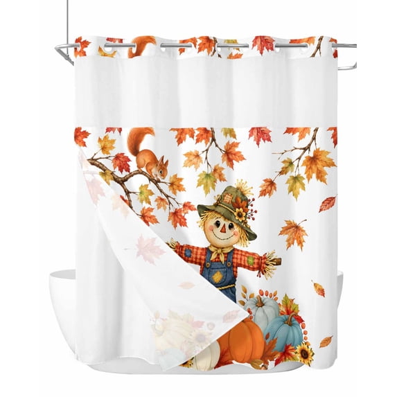No Hook Shower Curtain, Fall Scarecrows Standard Shower Curtain with Snap in Liner, Thanksgiving Autumn Harvest Pumpkins Leaves Waterproof Washable Fabric Bathroom Curtains Set, 72" x 72"