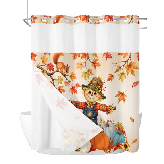 No Hook Shower Curtain, Fall Scarecrows Standard Shower Curtains with Snap in Liner, Thanksgiving Autumn Pumpkins Leaves Orange Waterproof Washable Fabric Bathroom Curtain Set, 66" x 72"
