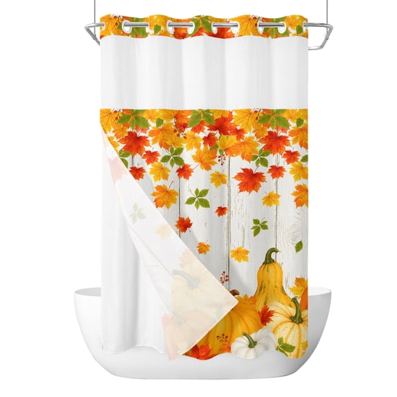 No Hook Shower Curtain, Fall Small Shower Curtains with Snap in Liner, Thanksgiving Red Orange Pumpkins Leaves Wood Grain Waterproof Washable Fabric Bathroom Curtain Set, 36" x 78"