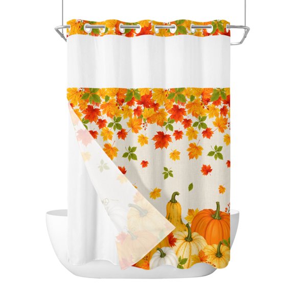 No Hook Shower Curtain, Fall Stall Bathroom Curtains with Snap in Liner, Thanksgiving Autumn Red Orange Pumpkins Leaves Beige Waterproof Washable Fabric Shower Curtain Set, 48" x 72"
