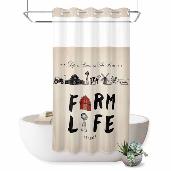 No Hook Shower Curtain Farm Life Shower Curtain for Bathroom Retro Farmhouse Red Barn Windmill Cow Chicken Tractors Bath Curtains Waterproof with See Through Top Window for Spa Hotel 36x72 Inch
