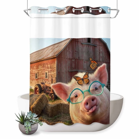 No Hook Shower Curtain, Farm Pig Shower Curtains for Bathroom with See Through Top Window, Farmhouse Barn Funny Animals Butterfly Waterproof & Washable Bath Curtain Extra Long 72"x96"