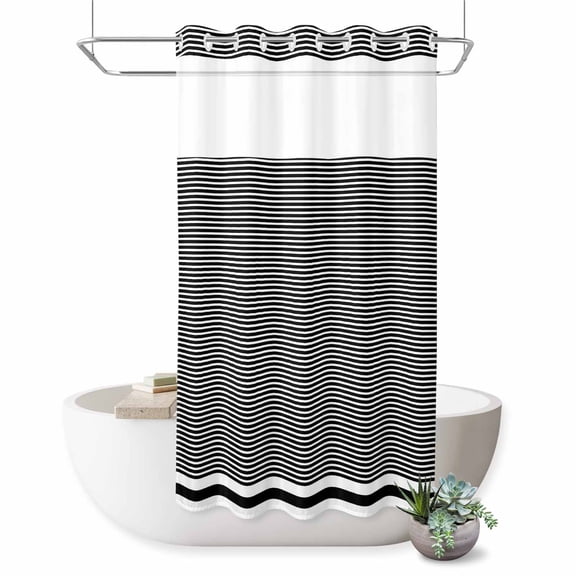 No Hook Shower Curtain, Farmhouse Black White Striped Waterproof Fabric Shower Curtains for Bathroom, Modern Stripes Bathroom Curtain with Mesh Top Window for Home Hotel Bathtub, Small Stall 36"x72"