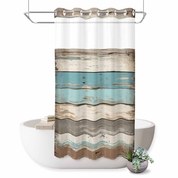 No Hook Shower Curtain, Farmhouse Blue Grey Brown Shower Curtains for Bathroom with See Through Top Window, Vintage Ombre Wooden Waterproof & Washable Bath Curtain Narrow 54"x78"