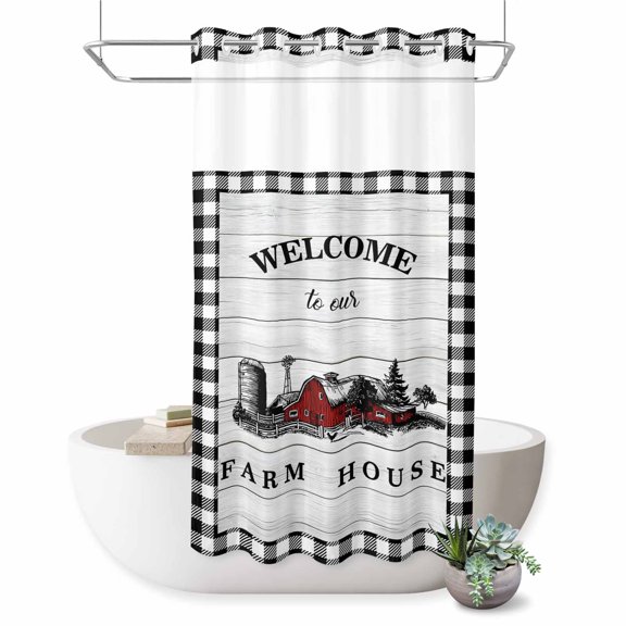No Hook Shower Curtain, Farmhouse Cabin Shower Curtains for Bathroom with See Through Top Window, Country Vintage House Wood Grain Pliad Waterproof & Washable Bath Curtain Small Stall 36"x78"