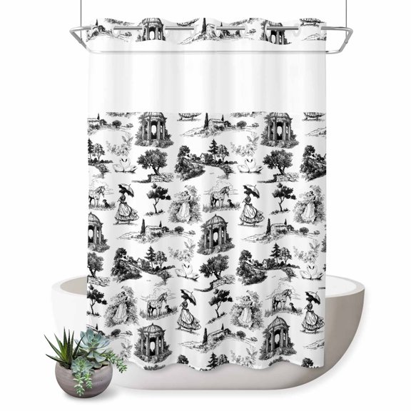 No Hook Shower Curtain, Farmhouse Country Shower Curtains for Bathroom with See Through Top Window, Retro French Garden Horse Swan Waterproof & Washable Bath Curtain 60"x72"