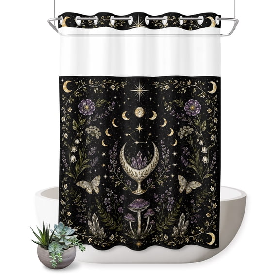 No Hook Shower Curtain, Farmhouse Flowers Leaves Shower Curtains for Bathroom with See Through Top Window, Retro Botanical Moon Butterfly Waterproof & Washable Bath Curtain Extra Long 72"x84"