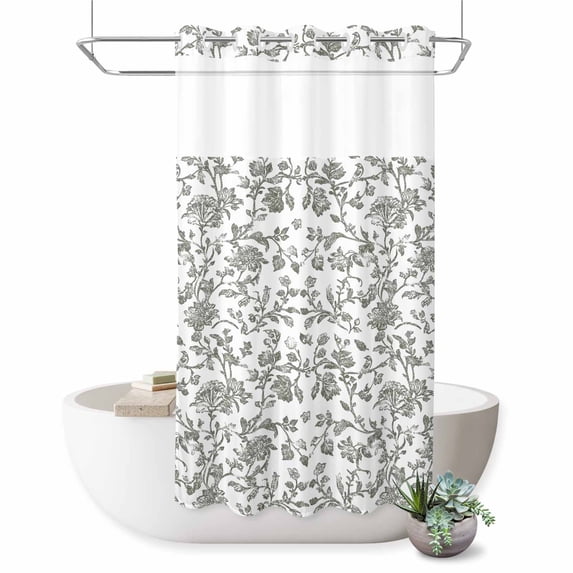 No Hook Shower Curtain, Farmhouse Flowers Shower Curtains for Bathroom with See Through Top Window, Pastoral Vintage Leaf Spring Summer Waterproof & Washable Bath Curtain Small Stall 36"x78"