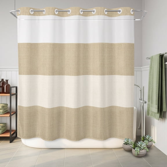 No Hook Shower Curtain Farmhouse Khaki Beige Waterproof Fabric Shower Curtain Burlap Background Hotel Style Bathroom Curtain with See Through Top Window Machine Washable 72x72in